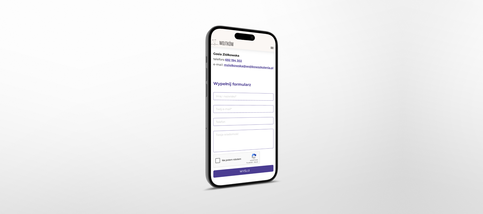 Widok formularza kontaktowego na stronie wojtkowszkolenia.pl